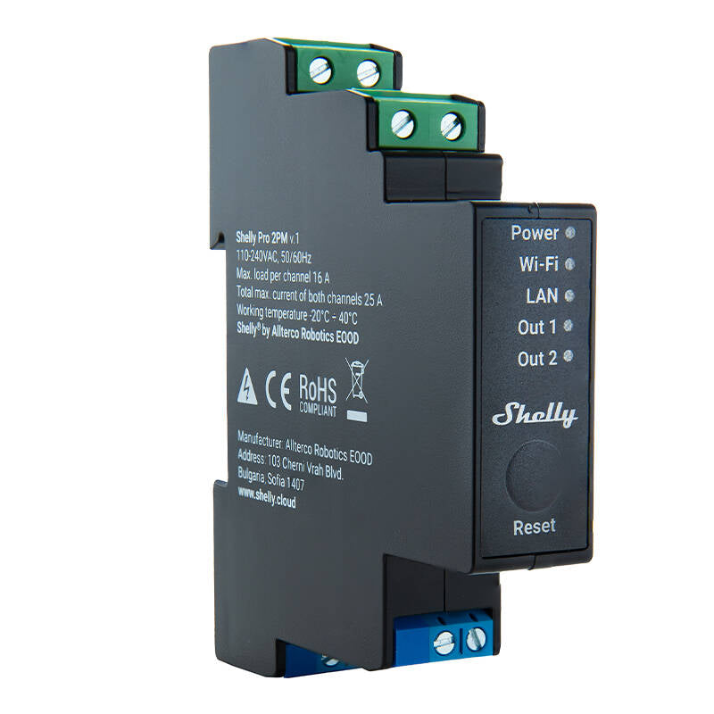 Shelly Pro 2PM DIN Rail 2-channel Relay, WiFi/LAN (Power measurement)