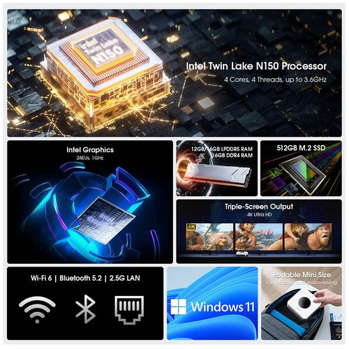 CHUWI LarkBox X miniarvuti, Intel N150 4-tuumaline protsessor, maksimaalselt 3,6 GHz, 16 GB muutmälu, 512 GB salvestusruumi